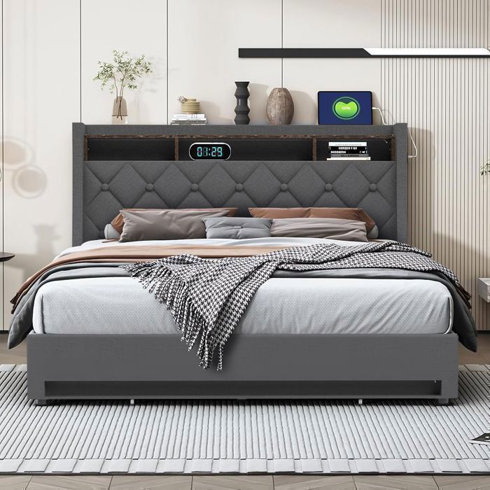 160 x 200 cm Storage Bed with Slatted Base - NHHF - Double Bed with Storage, LED Lighting, and USB Port - 160 x 200 cm Hydraulic Bed with Under-Bed Storage