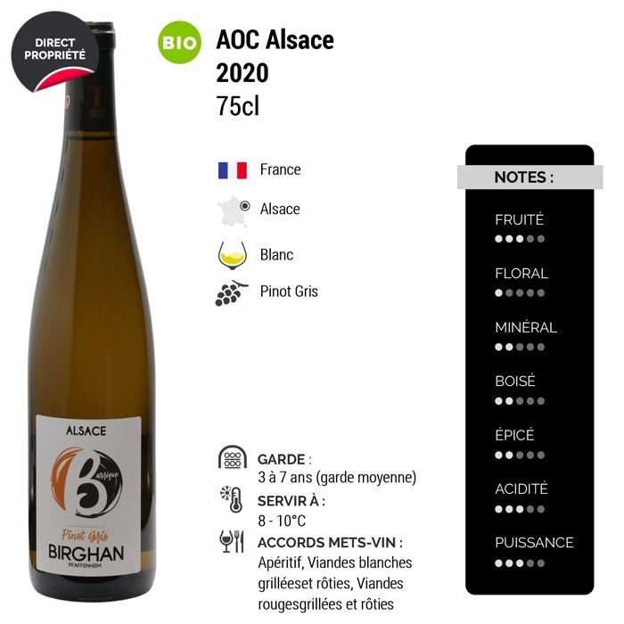 Birghan Alsace Pinot Gris, im Barrique gereift, Jahrgang 2020 – Elsässer Weißwein (6 x 75 cl), Bio