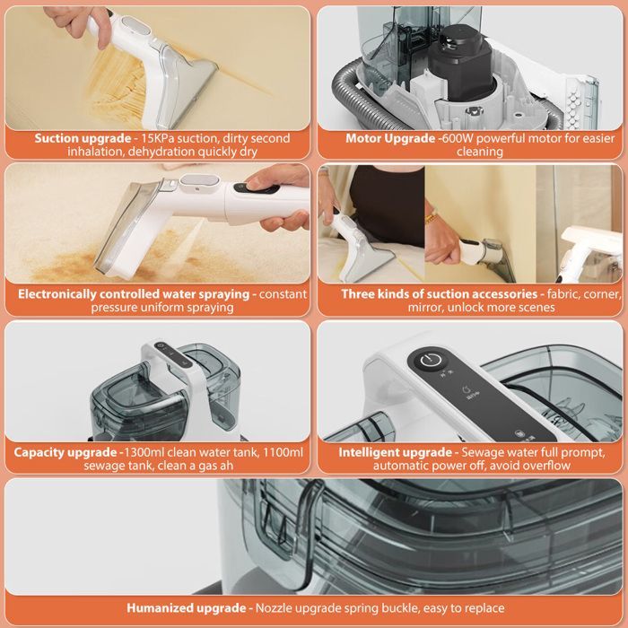Nettoyeur Canapé Tissu600 W - Aspiration 15 kPa, modes double aspiration et nettoyage, réservoirs d'eau doubles 1,3 L/1,1 L
