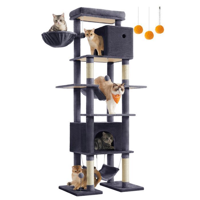 Arbre à Chat 201 cm, Taille XXL, Multi-Niveaux, 1 Plateforme, 1 Panier, 2 Niches, 2 Hamacs, Dispositif Anti-Basculement, Gris Foncé