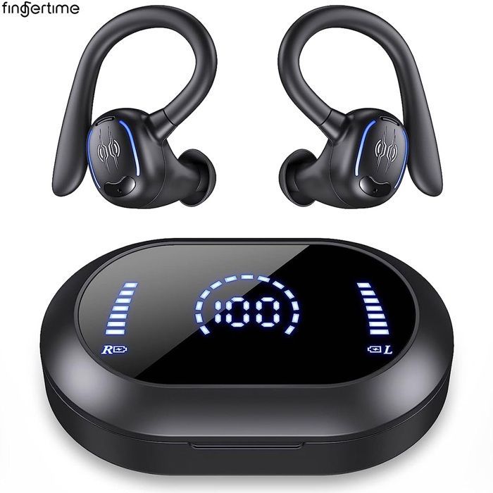 Auricolari wireless Fingertime - Display LCD, fino a 40 ore di autonomia, ricarica rapida USB-C, cuffie Bluetooth 5.4, neri