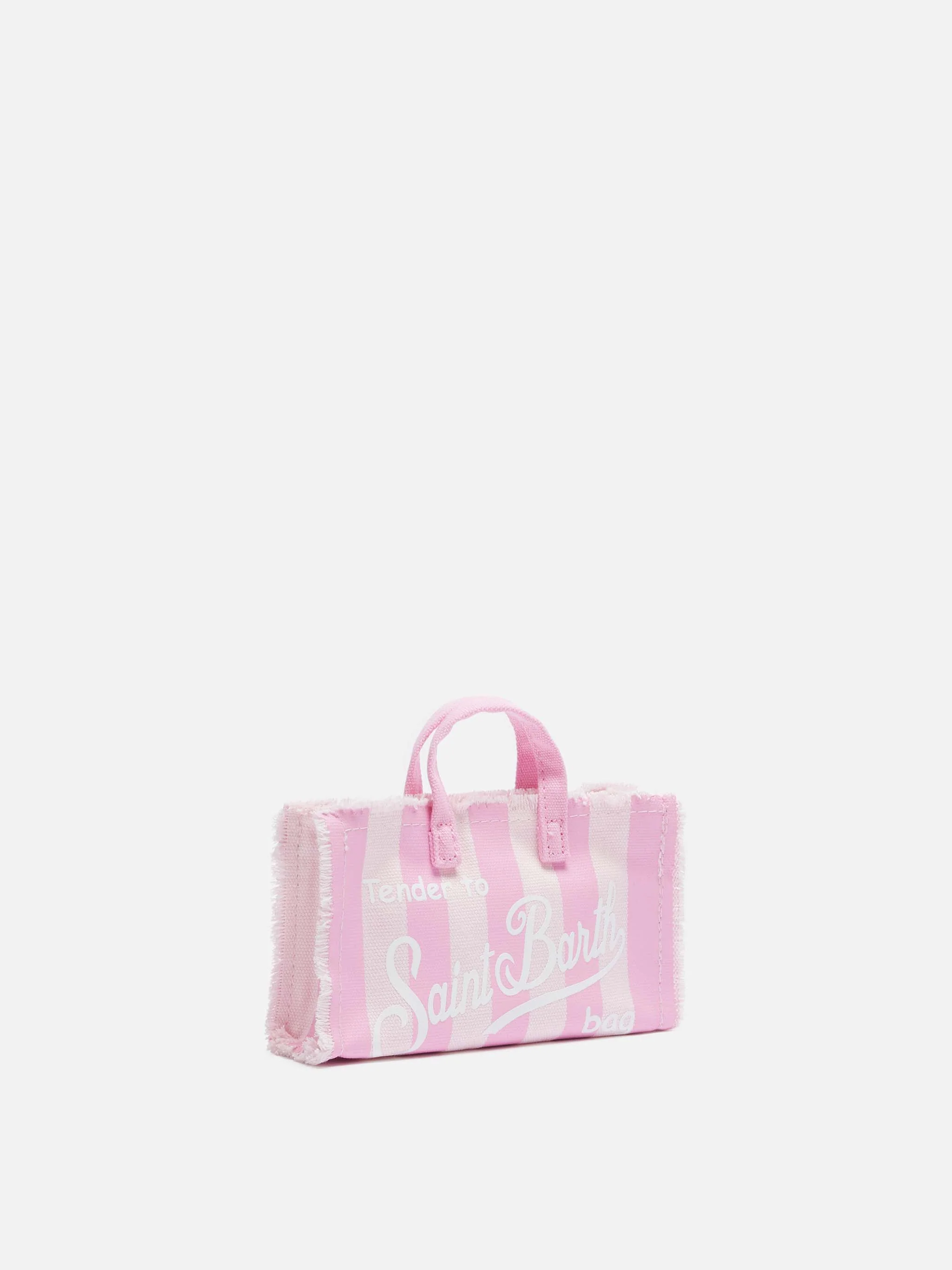 Telefoontasje van katoenen canvas met roze streepjesprint.
