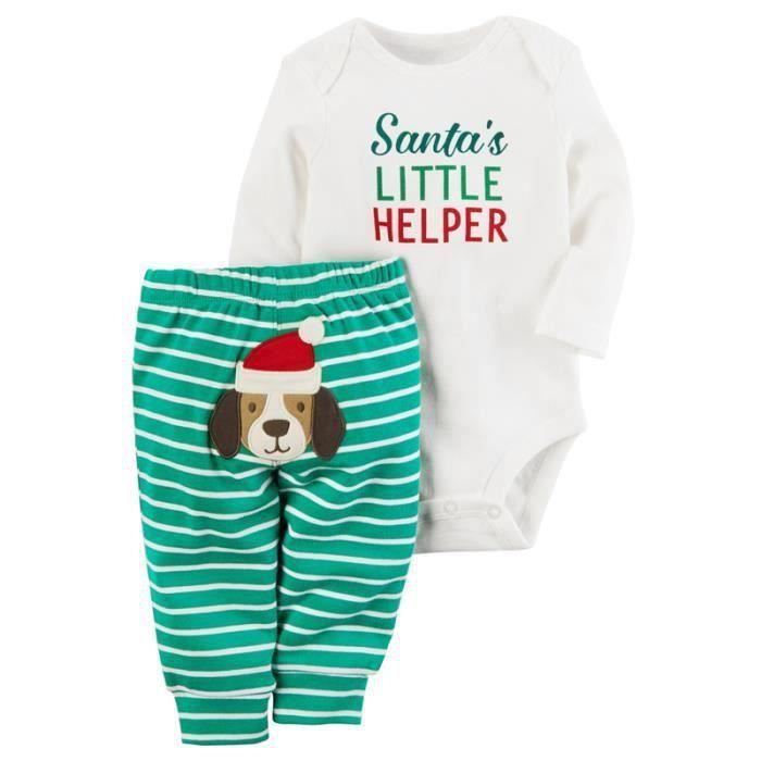 FUNMOON Body para bebé niño + pantalón a rayas verde, estampado navideño de perro, de 0 a 24 meses - Verde