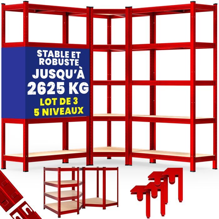MONZANA® Juego de 3 estanterías de alta resistencia, 5 niveles, color rojo, estantería metálica modular, capacidad de 2625 kg, estantería de esquina para garaje o taller.