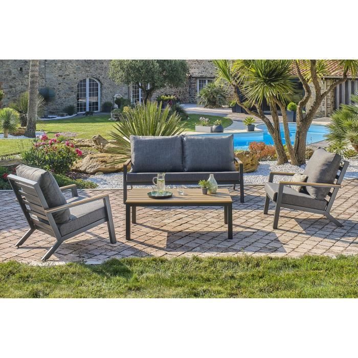 Salon bas de jardin - Aluminium - DCB GARDEN - 5 places - Gris anthracite et polywood - KOMMOS