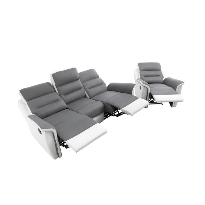 LÉOn'en Weißes PU- und graues MF 3-Sitzer-Relaxsofa und 1 Sessel - LOUNGITUDE