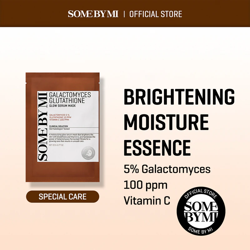 Some By Mi Galactomyces Glutathione Glow Serum Mask, uma máscara facial iluminadora em tecido para peles sensíveis e secas.