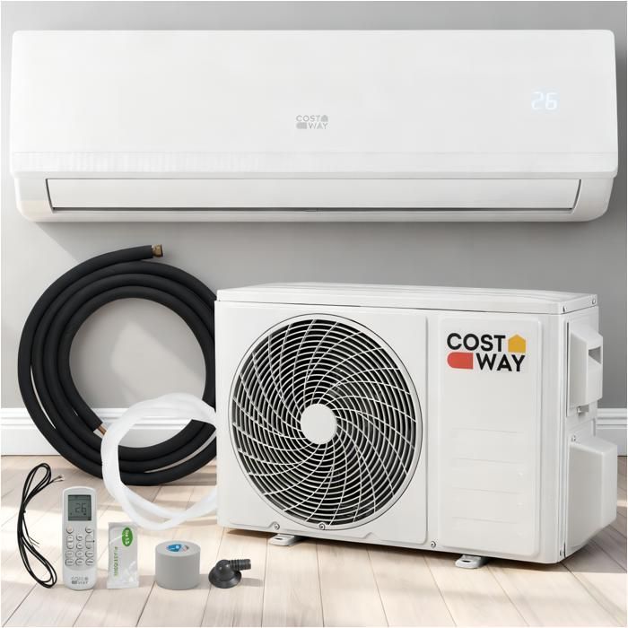 Aire acondicionado fijo mono-split Costway de 9000 BTU y 2,6 kW con refrigerante R32 - Temperatura de funcionamiento: 16-31 °C - Bomba de calor - Superficie: 22 m² - Kit de conexión completo de 4 m - Temporizador de 24 horas - Clase energética A++