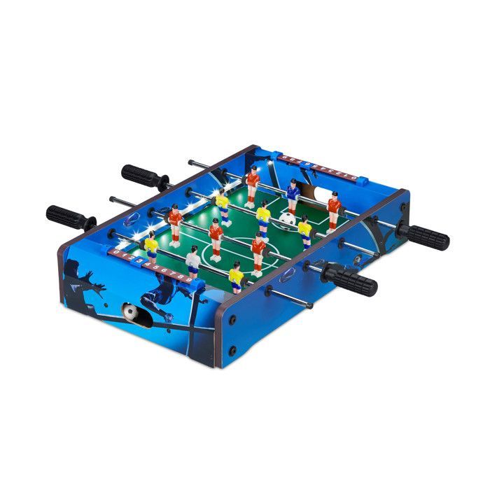 Futbolín Relaxdays, luces LED, para niños y adultos, 4 varillas, 2 pelotas incluidas, minijuego de fútbol, azul