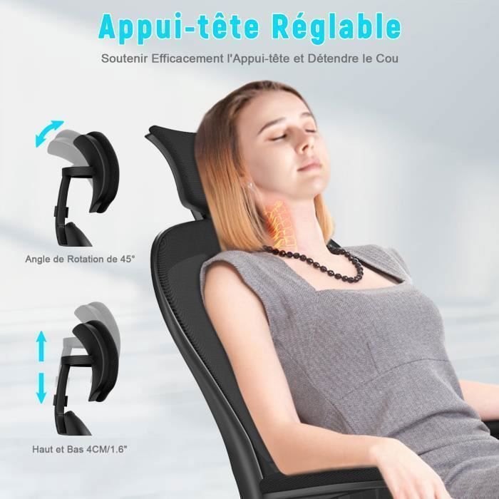 Fauteuil de bureau, avec 2D Accoudoirs et Appui-tête, Soutien Lombaire Dossier Règalable, 50 x 64 x (120-134)cm, Chaise Ergonomique