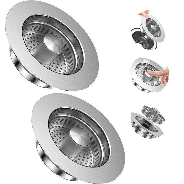 Bonde d'évier 3 en 1 avec panier anti-obstruction - Évier de cuisine - Modèle escamotable - Acier inoxydable - Universelle - Évacuat