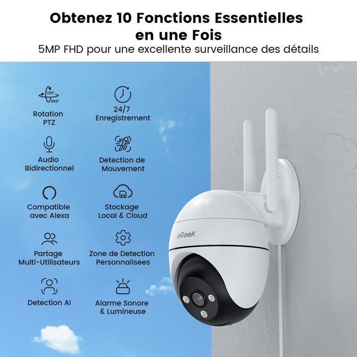 ieGeek 5MP Camera Surveillance WiFi Exterieure, 360° Camera IP, Vision Nocturne Couleur, Détection Humaine, Audio Bidirectionnel