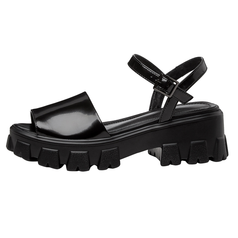 Sandales plates à plateforme en cuir véritable noir et blanc, bout ouvert, chaussures décontractées d'été pour femmes, sandales femmes 2021