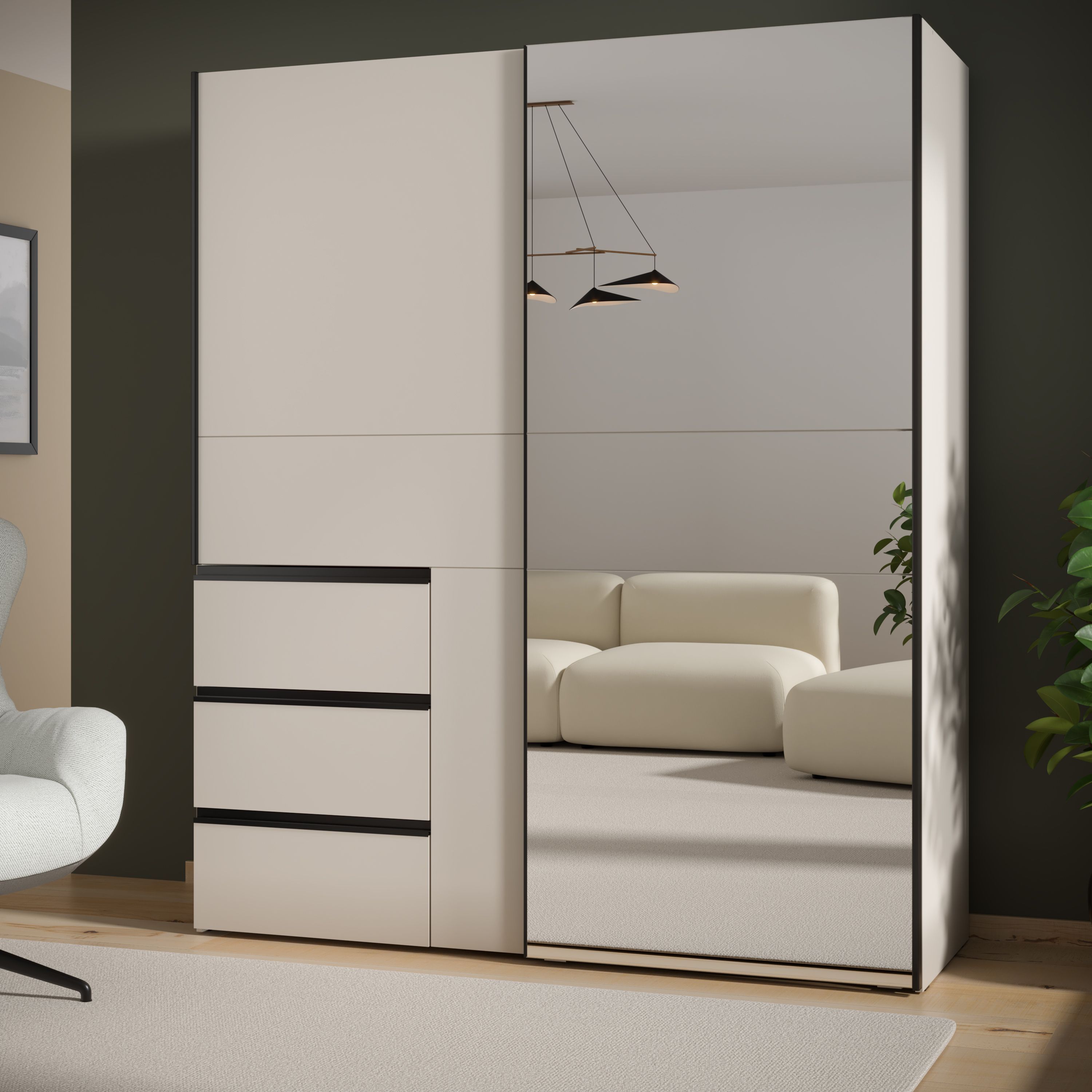 Armario - 2 puertas correderas, 3 cajones - Acabado arena y espejo - 170,3 x 61,2 x 200,5 cm (ancho x profundidad x alto) - WINN 2
