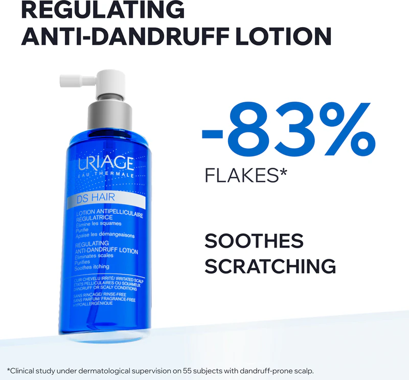 Loção anticaspa reguladora Uriage DS HAIR em spray calmante para couro cabeludo seco e com coceira.