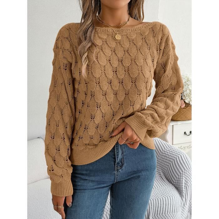 Pull En Tricot Femme Col Bateau Épaules Dénudées Casual Pullover Lâche Ajouré Manches Longues Couleur Unie - Kaki
