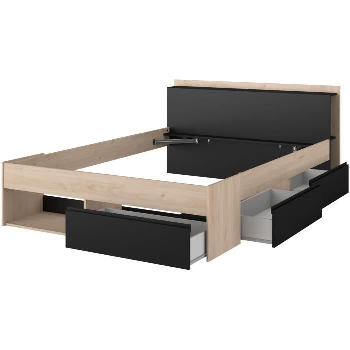 Cama adulta COMBO 140x190/200 cm - Roble y negro - 3 cajones - PARISOT