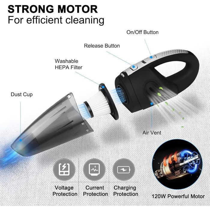 Aspiradora de mano inalámbrica recargable para coche de 120 W - Limpieza en seco y húmedo - 2 filtros HEPA - Con bolsa de almacenamiento - Negra