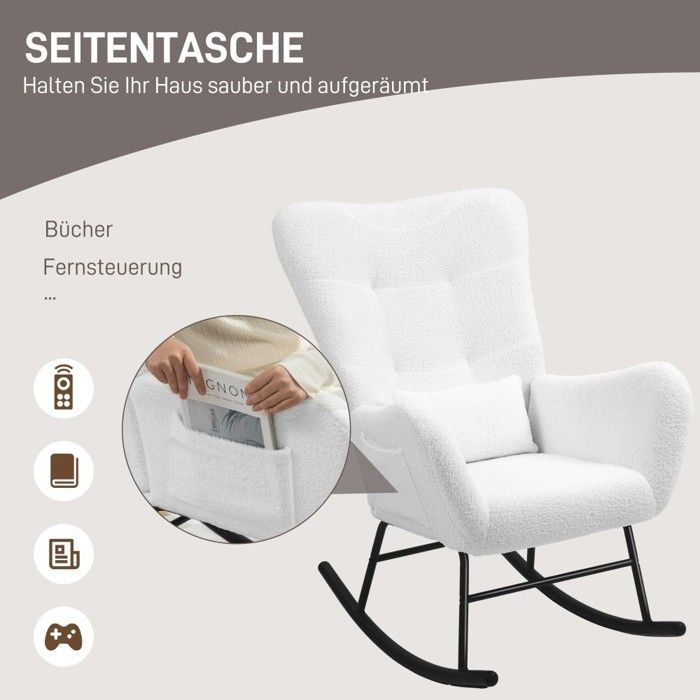 Mecedora blanca de felpa con reposabrazos y cojín lumbar, bolsillo lateral y deslizadores de madera. Ideal para sala de estar, dormitorio y lactancia.