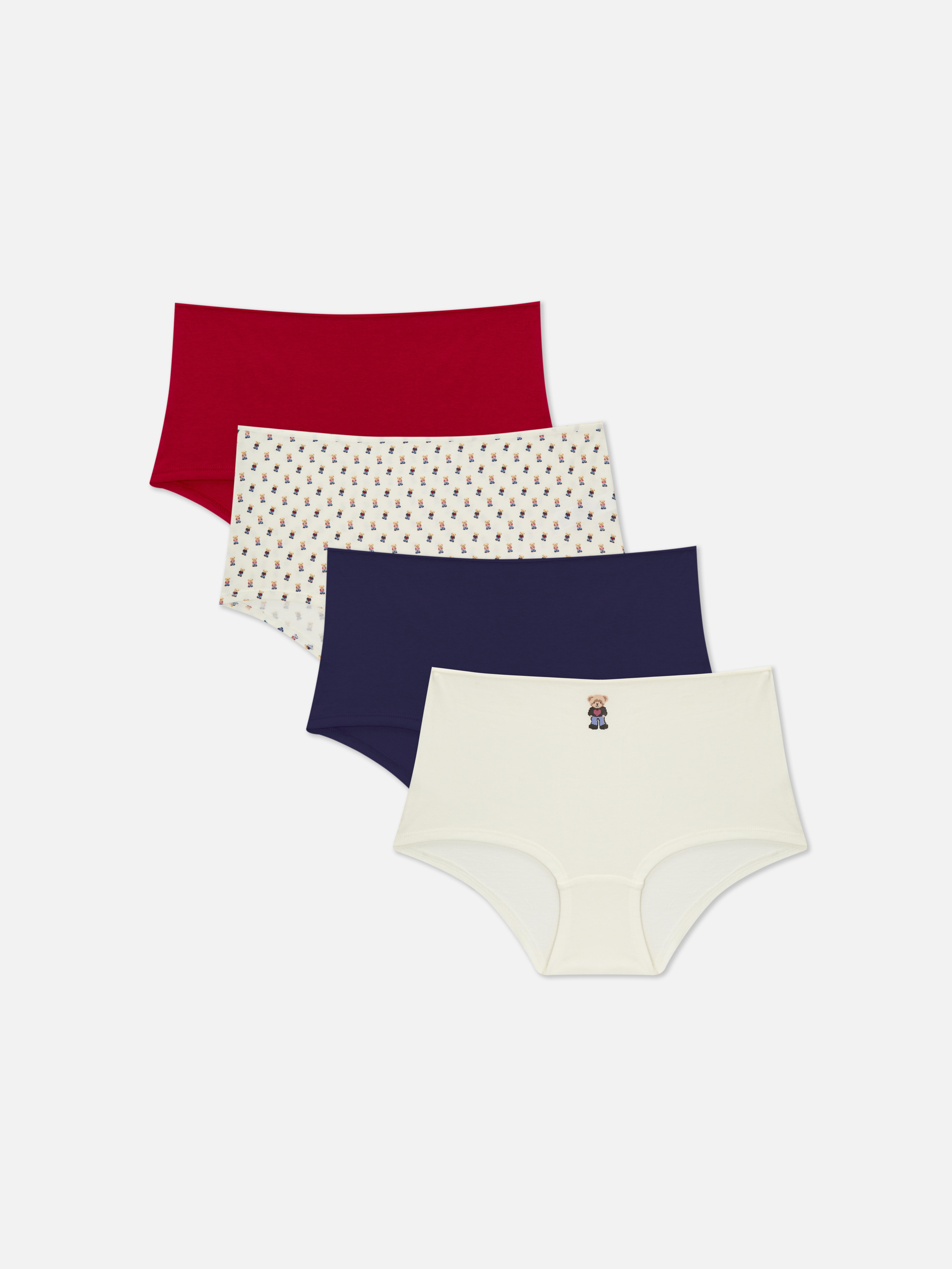 Hochgeschnittene Slips, 4er-Set. Eine Mehrfachpackung hochgeschnittener Slips in verschiedenen Designs.