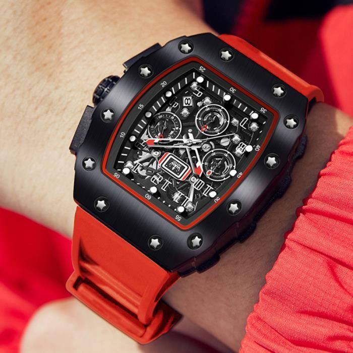Orologio cronografo da uomo SHARPHY con quadrante tonneau luminescente e cinturino in gomma rosso acceso.