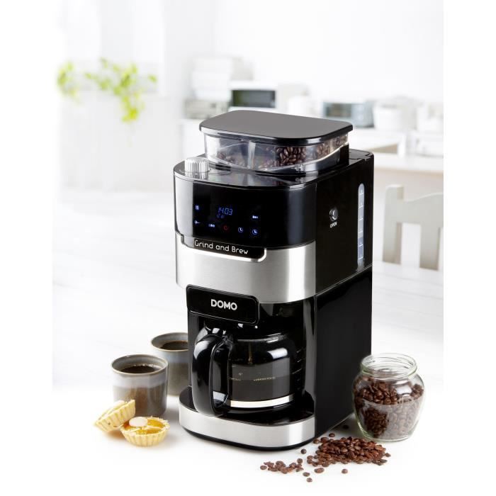 Cafetera de filtro con molinillo integrado - DOMO - DO721K - 900 W - 1,5 L - 12 tazas - 200 g de granos - Pantalla LCD - 3 niveles de intensidad -
