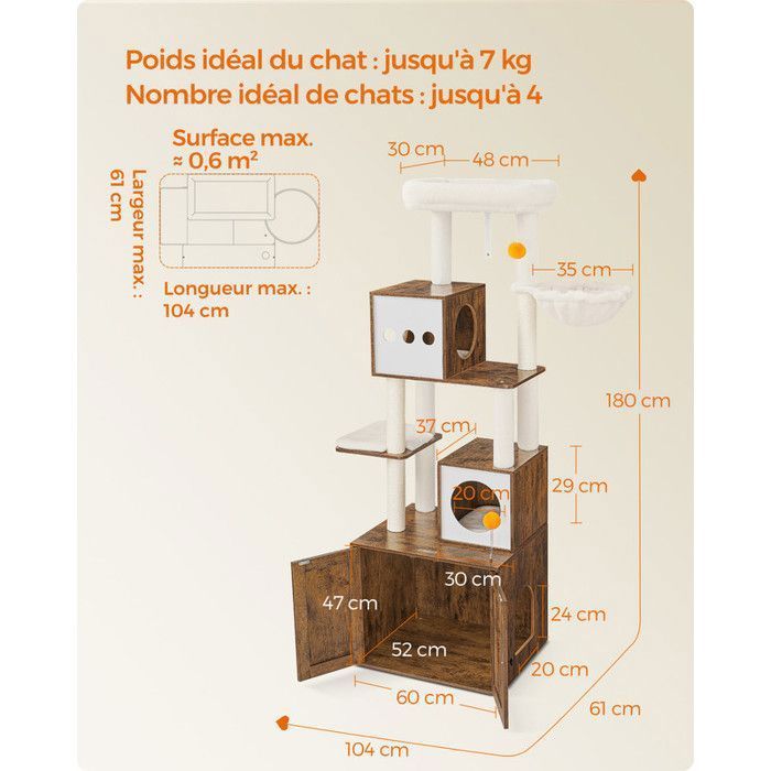 Cat Tree - FEANDREA - Modern with Litter Box, Play Tower and Scratching Post - 180 cm - Rustic Brown