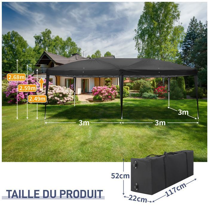 Cenador de jardín, cenador plegable de 3x6 m con 6 paneles laterales, carpa plegable para fiestas, color negro.