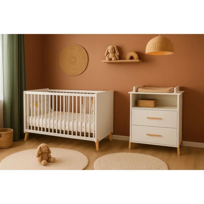 Babyprice Joy Natural Commode - 2 Laden - 1 Nis - Wit - Op Natuurhouten Poten
