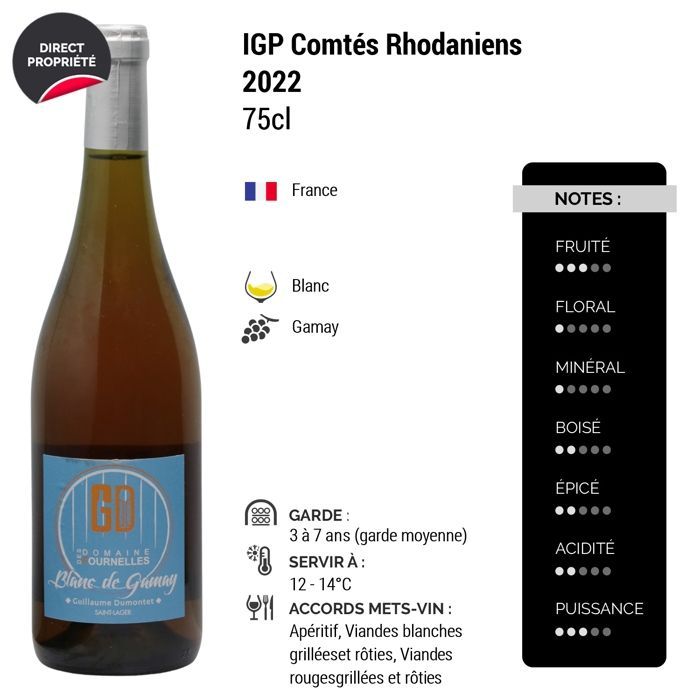 Domaine des Fournelles Comtés Rhodaniens Blanc de Gamay 2022 - Vino Blanco del Valle del Ródano (6x75cl)