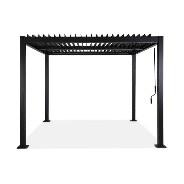Pérgola bioclimática negra. Aluminio y acero. 3x3 m. Lamas ajustables.