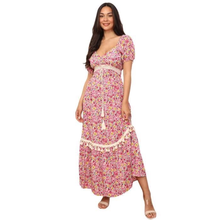 Long dress - Not specified - Floral pattern - Crochet details - Balloon sleeves - Decorative pom-poms