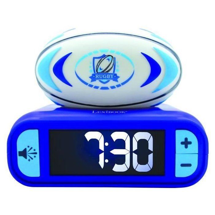 Despertador digital com luz noturna em formato de bola de rugby 3D e efeitos sonoros.