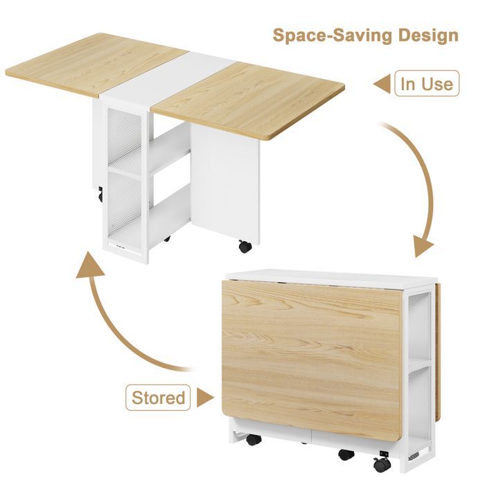 Table à Manger- Table à Manger Pliante Cuisine - Avec roulettes + Compartiment de Rangement-120 X 80X 75cm