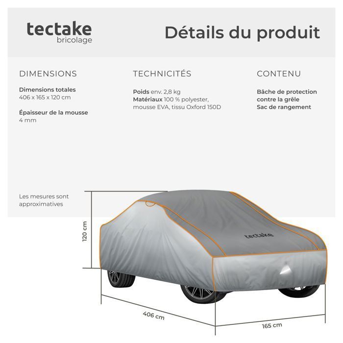 Funda para vehículo - TECTAKE - Funda impermeable y resistente al granizo con correa ajustable - Talla S 406x165x120cm