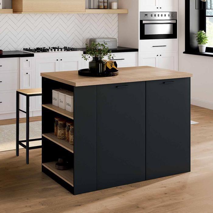 IDMARKET Ilot central TIBO 120 cm bois noir avec plan de travail façon hêtre