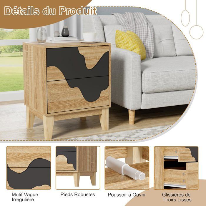 GOOBUY Set of 2 Bedside Tables, Nightstands with 2 Drawers, Side Tables with Irregular Wave Pattern, 45x35x56cm, Natural