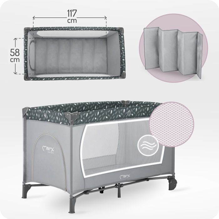 MoMi BELOVE – Cuna de viaje plegable para bebé – Colchón + Bolsa de transporte – Acceso lateral – 2 ruedas – Gris