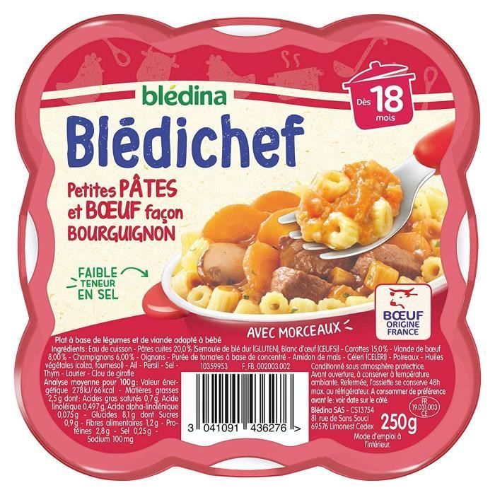 BLEDICHEF Petits pâtes et bœuf façon bourguignon - 250g - Dès 18 mois