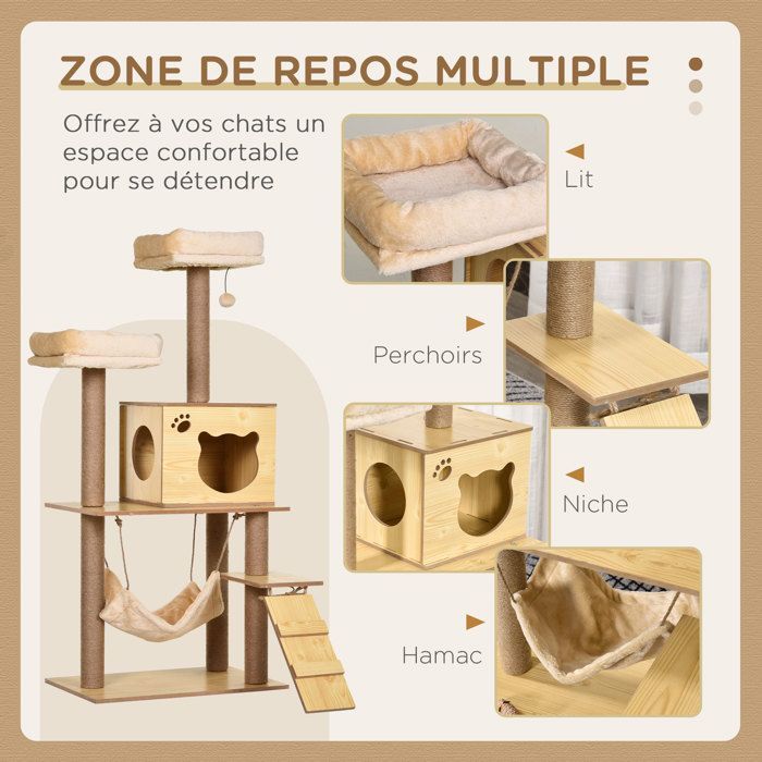Arbre à chats design - PawHut - contemporain griffoirs grattoirs sisal niche plate-formes hamac boule - bois - beige