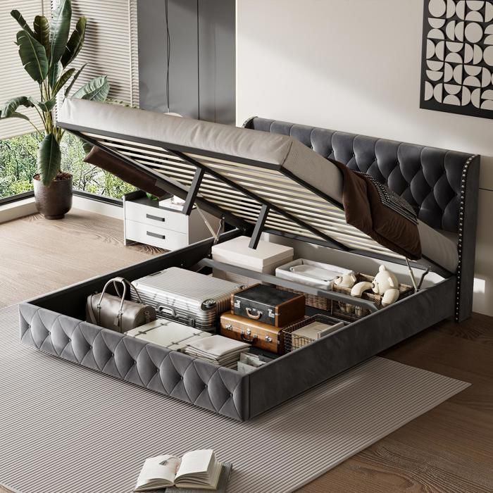 Letto 160x200 cm - Letto contenitore da 160 cm con rete a doghe - Testiera imbottita e borchiata - Eleganza e comfort - Velluto grigio antracite