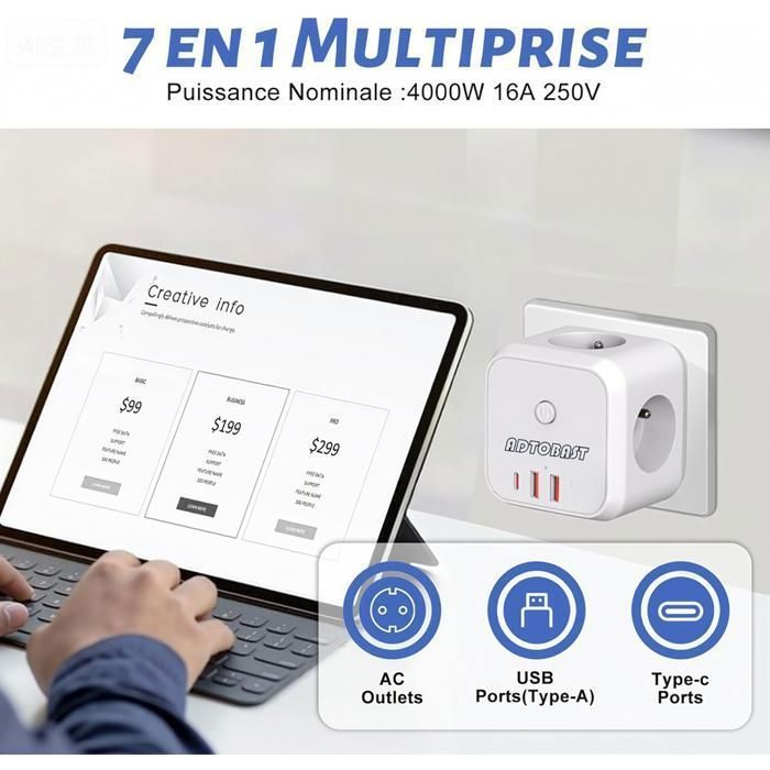 Multiprise Cube Murale, 7 en 1 Chargeur USB Prise avec 3 Sortie AC, 4000W Multiprise électrique avec Interrupteur - ADTOBAST