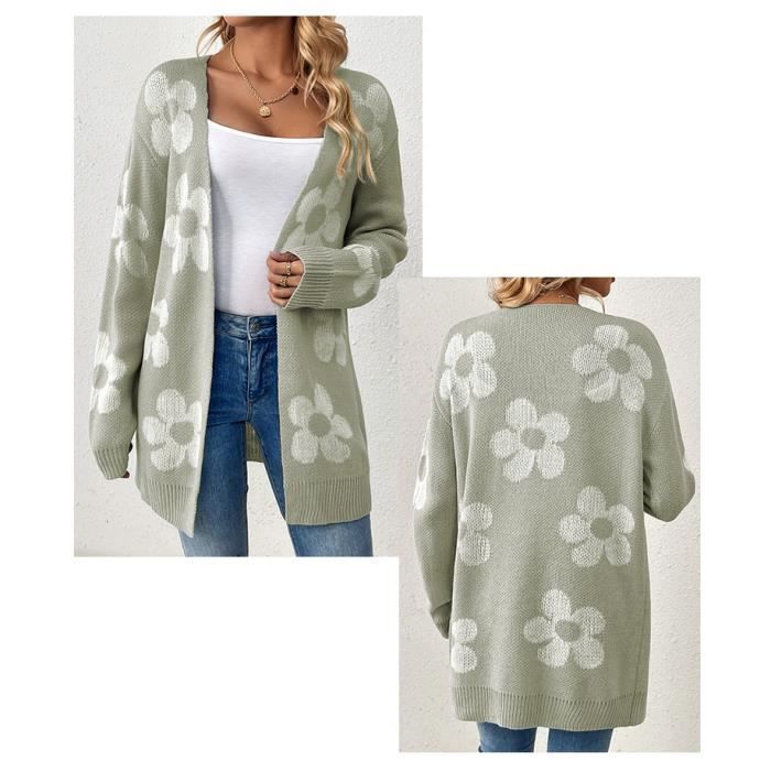Pull Femme Mi-longues Col en V Imprime Fleurs Manches Longues - Vert clair - INSFITY - Adulte - Casual - Chaud