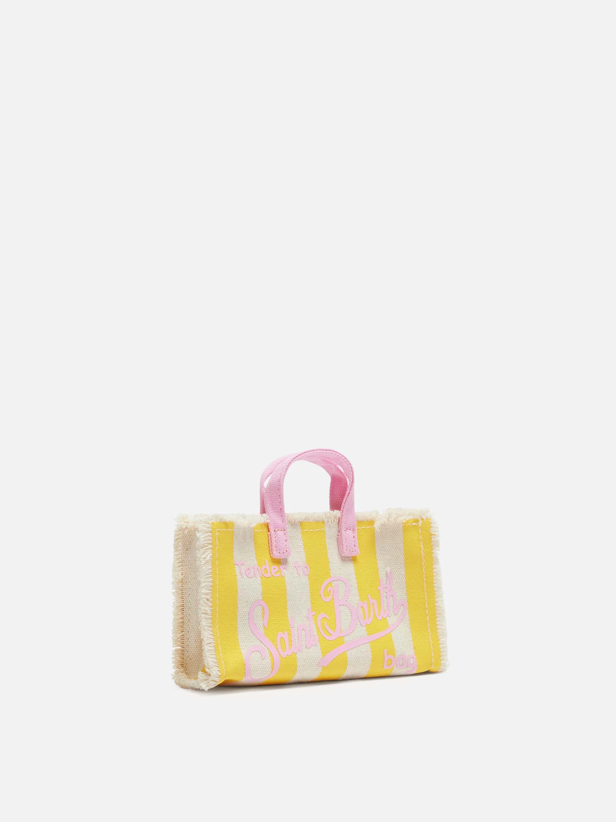Bolsa para celular em lona de algodão com estampa listrada amarela.