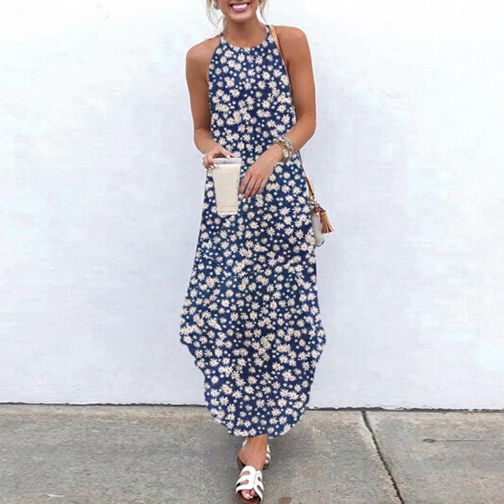 Abito da donna estate 2020 casual senza maniche retrò con scollo all'americana e stampa floreale, abito lungo da spiaggia con scollo rotondo e spalline, abbigliamento da spiaggia alla moda