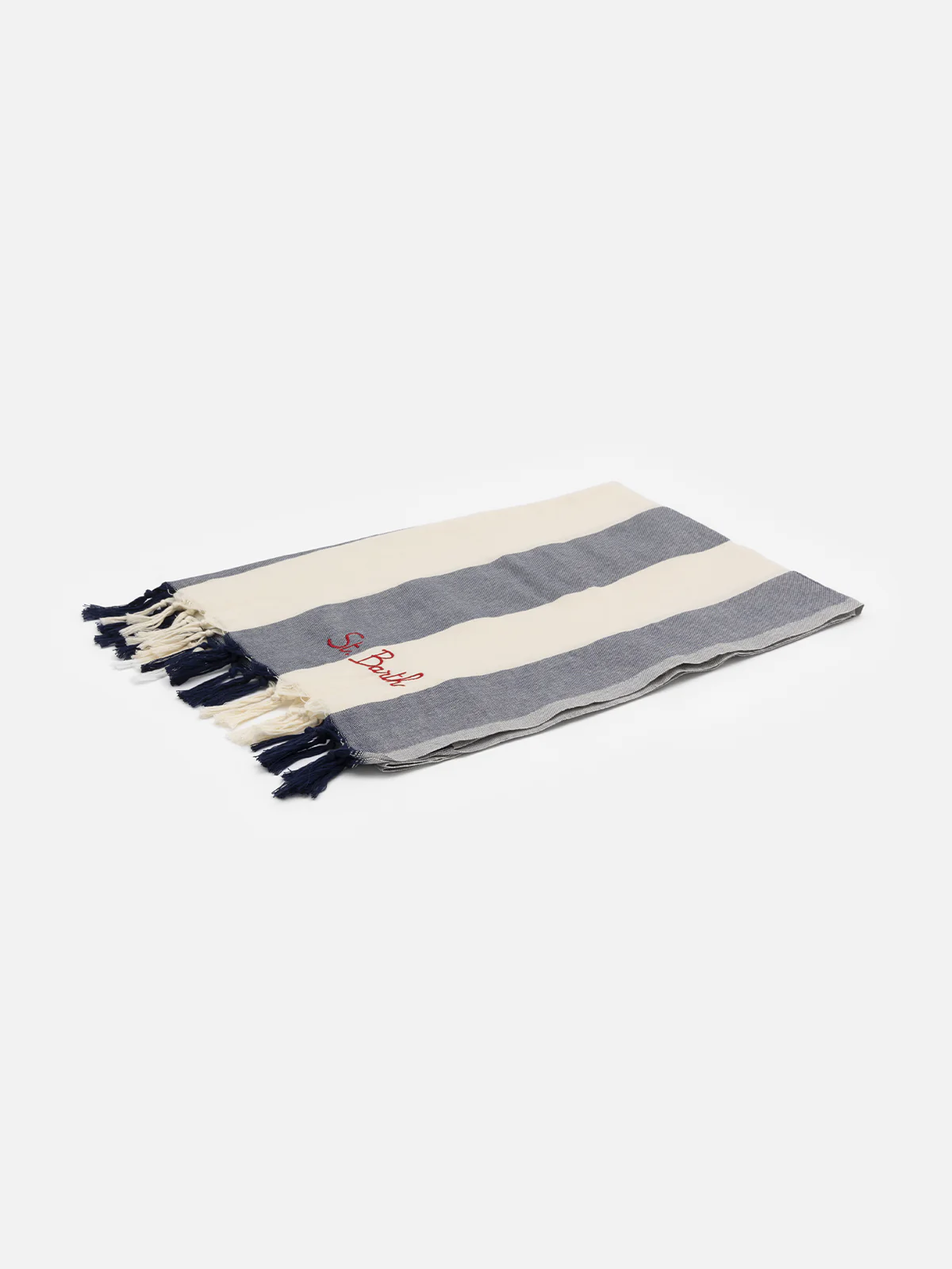 Fouta Light Cotton Towel | Navy Blue Striped Print | St. Barth Exclusive Logo Embroidery | Fringed Hems | 100% Cotton | 100 x 200 cm | MC2 Saint Barth
