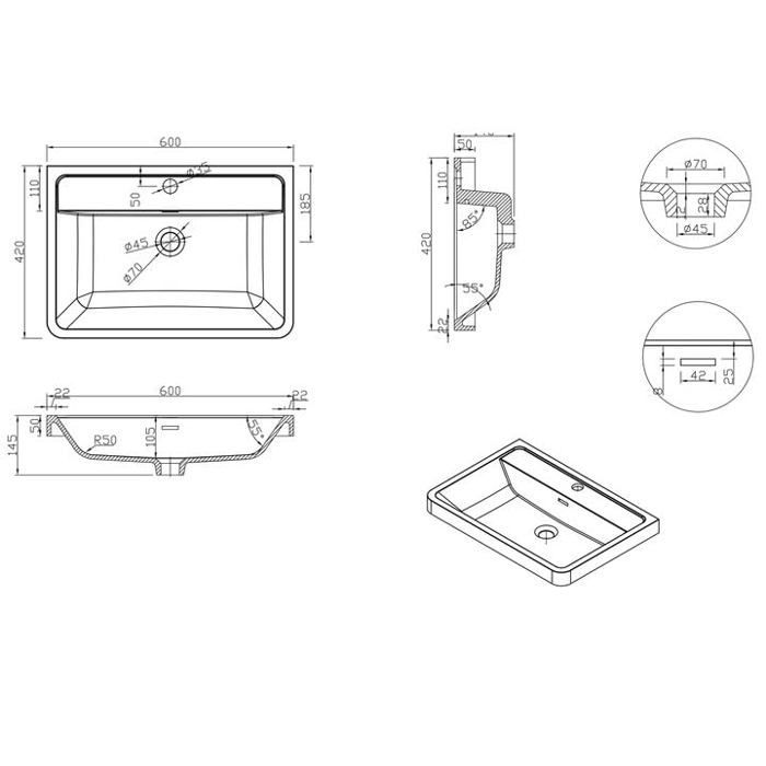 Lavabo empotrado blanco Doporro, lavabo rectangular de hierro fundido mineral para baño, 60x42x13cm, Colossum08
