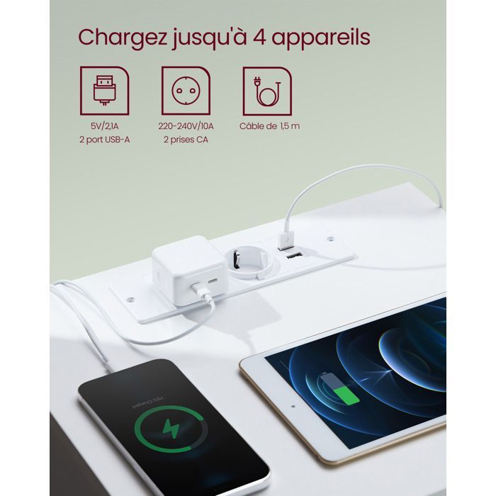VASAGLE Lot de 2 Table de Chevet avec Multiprise, Table d'Appoint, 2 Tiroirs, 2 Prises CA, 2 Ports USB-A, Moderne, Blanc Nuage