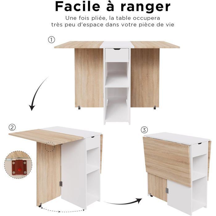 CASABEL – Mesa de comedor plegable, centro blanco y tablero de madera clara, para 2-4 personas – Ahorra espacio en la cocina y el comedor.