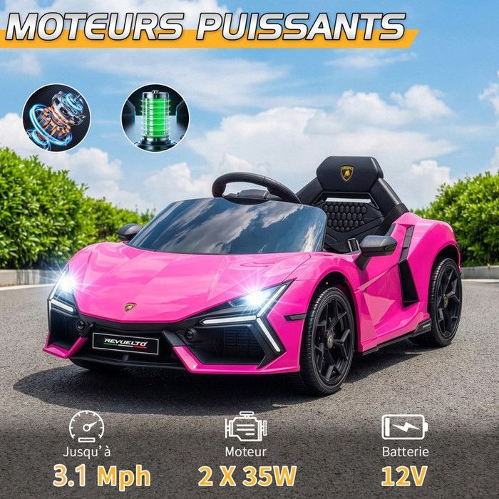Coche eléctrico Lamborghini Revuelto - LALAHO - 3 velocidades, con control remoto 2.4G, para niños de 3 a 6 años, rosa.